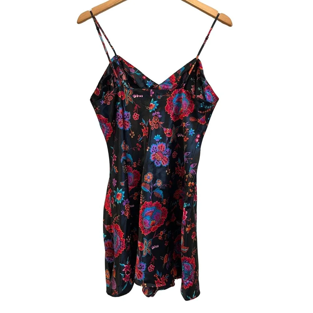 Vintage 90s Cacique Lingerie Negligee Romper Black‎ Floral Sleepwear Sexy L